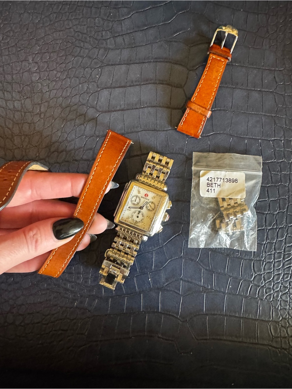 Michele Two-Tone Square Chronograph Watch with Tan Leather Straps